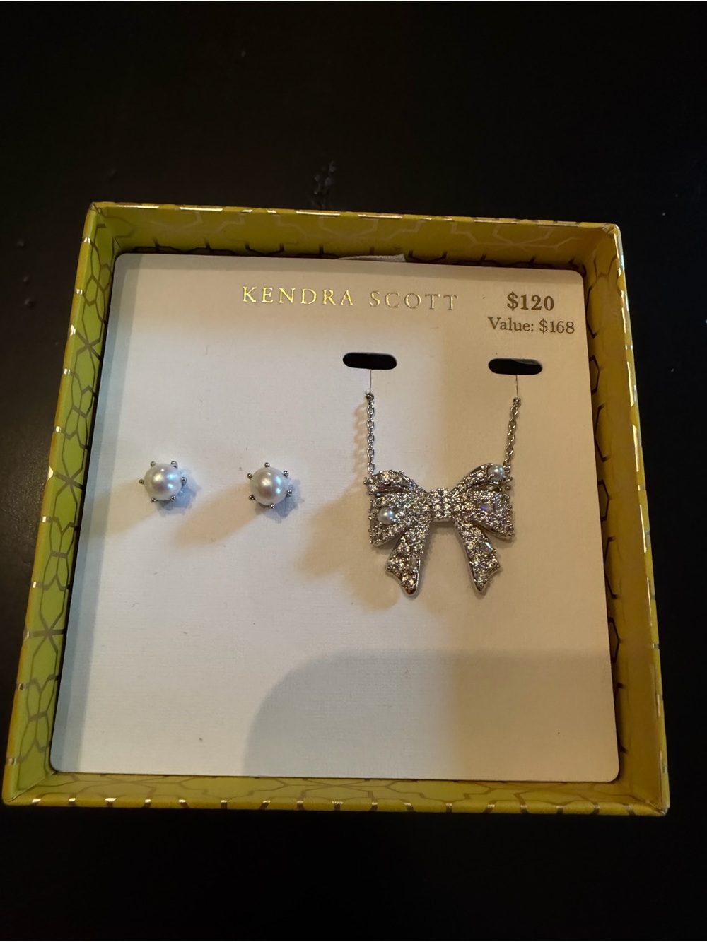 Kendra Scott Silver Crystal Bow Necklace with White Pearl Studs